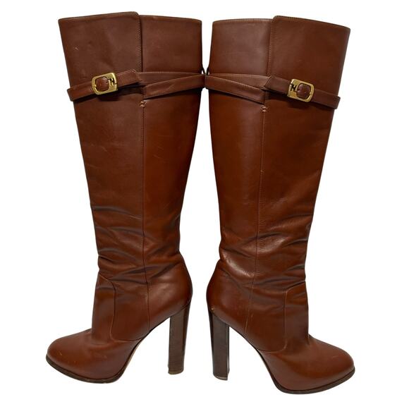 FENDI Women’s Cognac Brown Leather New High Heeled Boots Size 39 8.5 Gold Buckle - Picture 2 of 13